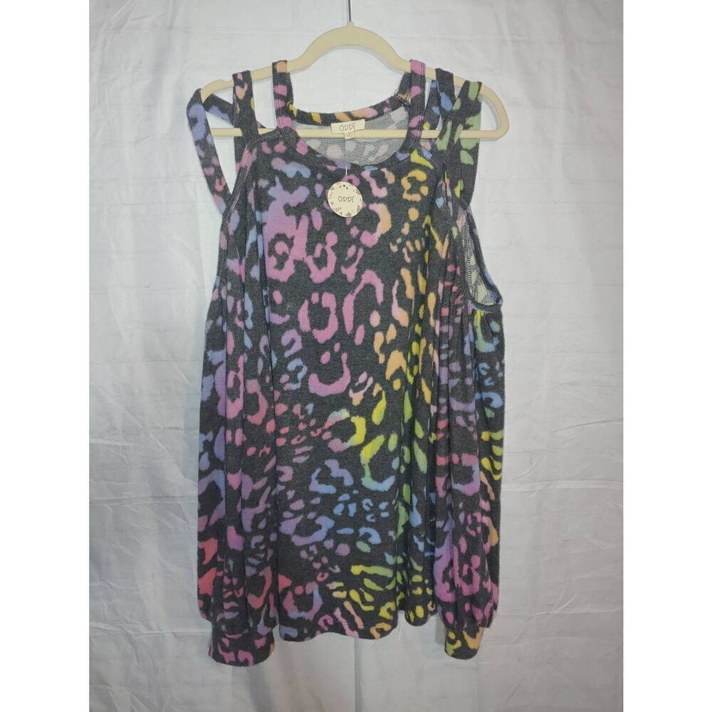 Oddy Women's PLUS Size 3X Multicolored Cold Shoulder Fleece Blouse